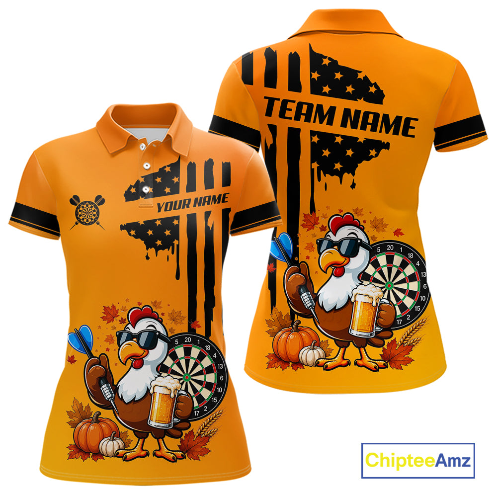 Custom Orange Funny Turkey Beer US Flag Darts Jerseys For Women, Thanksgiving Darts Team Shirts TDM7280