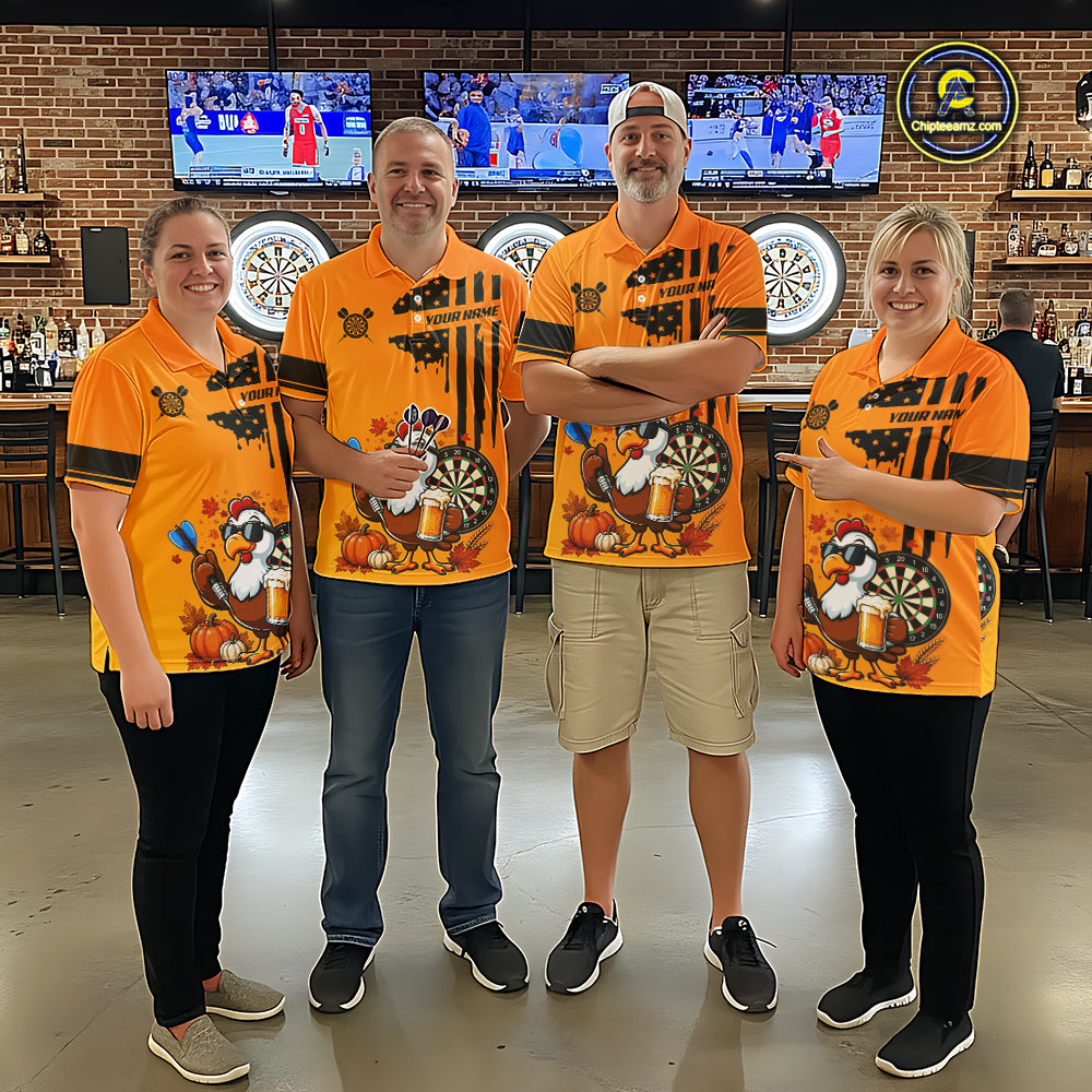 Custom Orange Funny Turkey Beer US Flag Darts Jerseys For Women, Thanksgiving Darts Team Shirts TDM7280