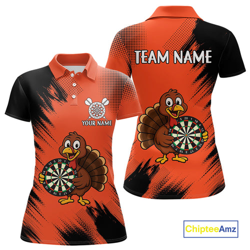 Custom Orange Funny Turkey Darts Shirt For Women, Thanksgiving Darts Team Jersey Polo & 1/4 Zip TDM4803