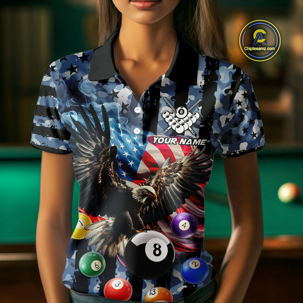 Blue Camo American Flag Eagle 8 Ball Billiard Shirt For Women Custom Patriotic Pool Team Jerseys TDM4809