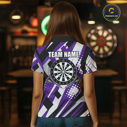 Custom Purple Geometric Darts Polo & Quarter Zip For Women, Darts Team Jersey Outfit TDM5025