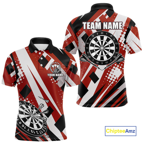 Custom Red Geometric Darts Polo & Quarter Zip For Men, Personalized Darts Team Jersey Outfit TDM5026