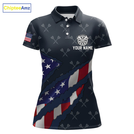 Navy Blue American Flag Darts Shirt For Women Custom Darts Polo & 1/4 Zip, Patriotic Darts Jersey TDM5954