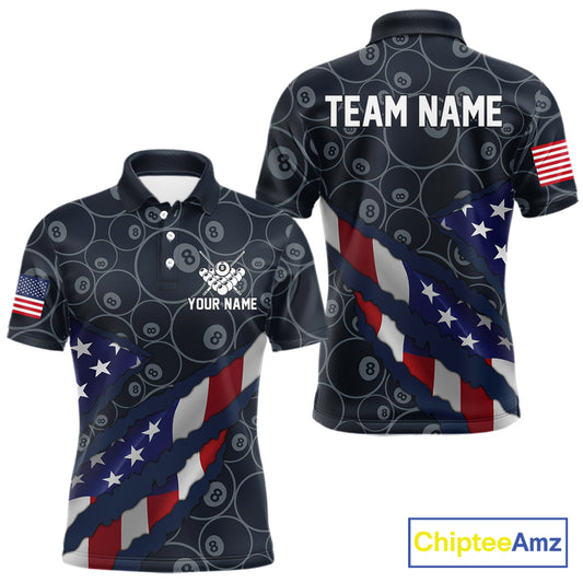 Navy Blue US Flag 8 Ball Billiard Shirt For Men Custom Patriotic Pool Team Jersey Polo & 1/4 Zip TDM5955