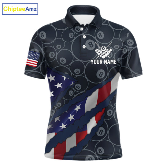 Navy Blue US Flag 8 Ball Billiard Shirt For Men Custom Patriotic Pool Team Jersey Polo & 1/4 Zip TDM5955