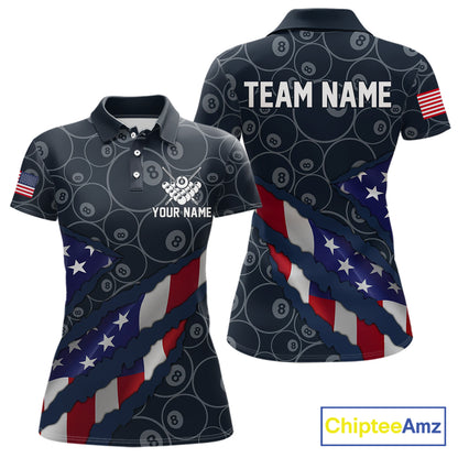 Navy Blue US Flag 8 Ball Billiard Shirt For Women Custom Patriotic Pool Team Jersey Polo & 1/4 Zip TDM5955