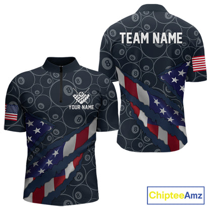 Navy Blue US Flag 8 Ball Billiard Shirt For Men Custom Patriotic Pool Team Jersey Polo & 1/4 Zip TDM5955