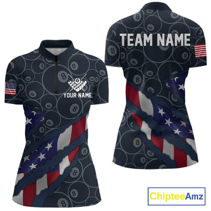 Navy Blue US Flag 8 Ball Billiard Shirt For Women Custom Patriotic Pool Team Jersey Polo & 1/4 Zip TDM5955