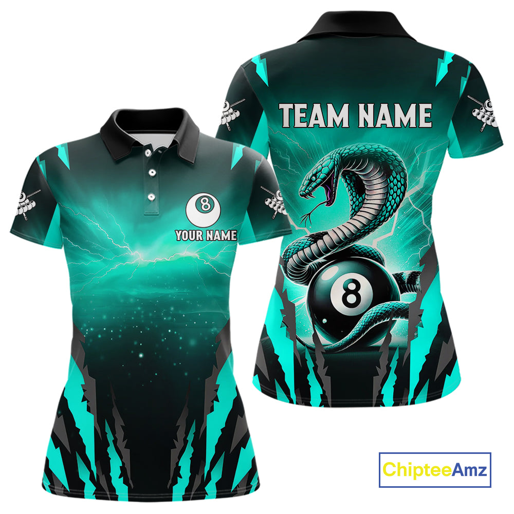 Customized Thunder Lightning Cobra Snake Women Billiard Shirt, 8 Ball Billiard Team Jersey|Turquoise TDM4020