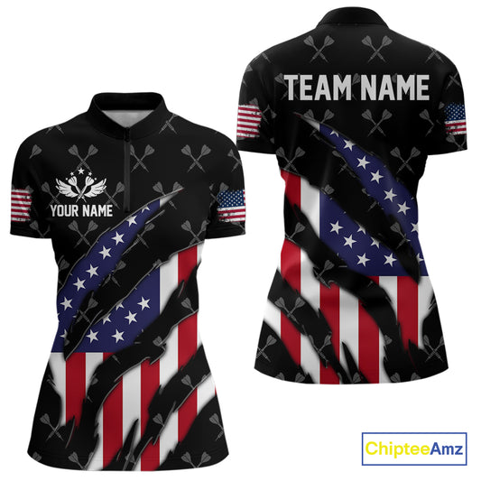 Personalized American Flag Patriotic Dart Shirts For Women – Darts Team Jerseys Polo & 1/4 Zip|Black TDM4025