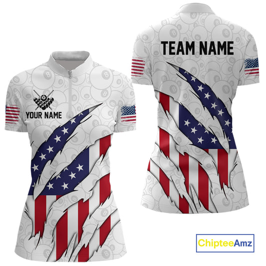 Personalized American Flag Billiard Shirts For Women, Patriotic 8 Ball Pool Team Jersey | White TDM4026