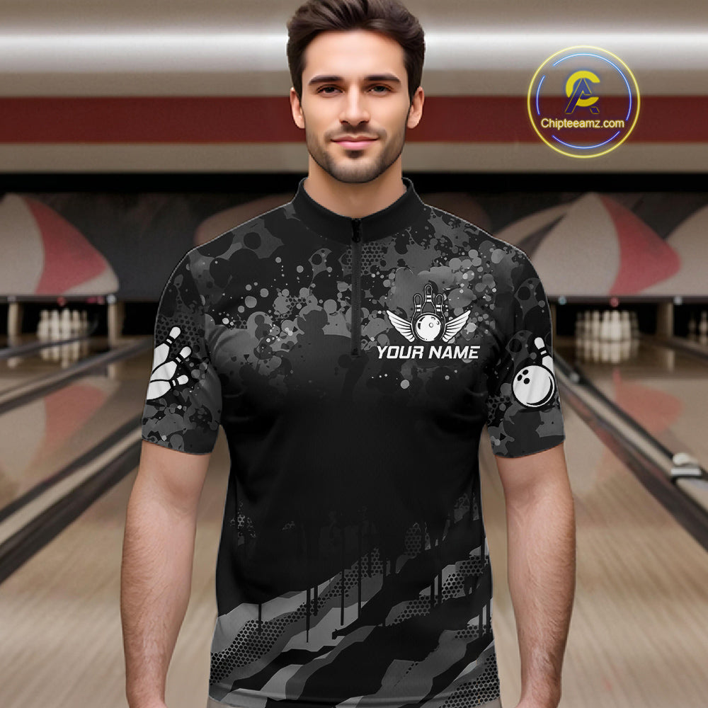 Personalized Grunge Camo Bowling Jersey For Men, Bowling League Team Shirts Polo & 1/4 Zip TDM6542