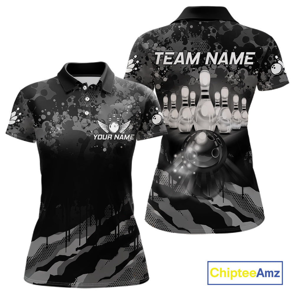 Custom Black And Grey Camo Bowling Shirt For Women, Grunge Bowling Team Jersey Polo & 1/4 Zip TDM6543