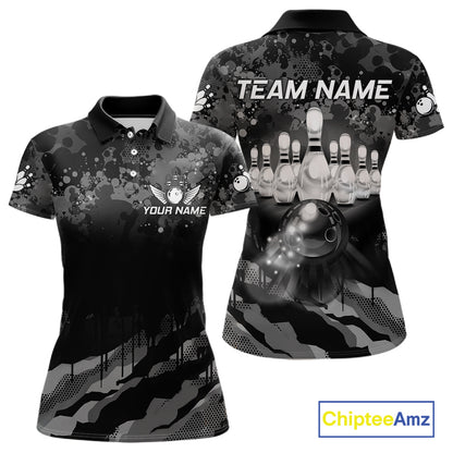 Custom Black And Grey Camo Bowling Shirt For Women, Grunge Bowling Team Jersey Polo & 1/4 Zip TDM6543