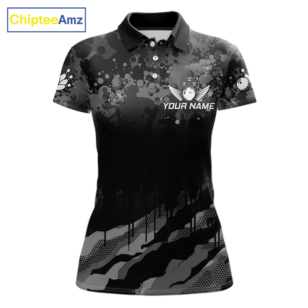 Custom Black And Grey Camo Bowling Shirt For Women, Grunge Bowling Team Jersey Polo & 1/4 Zip TDM6543
