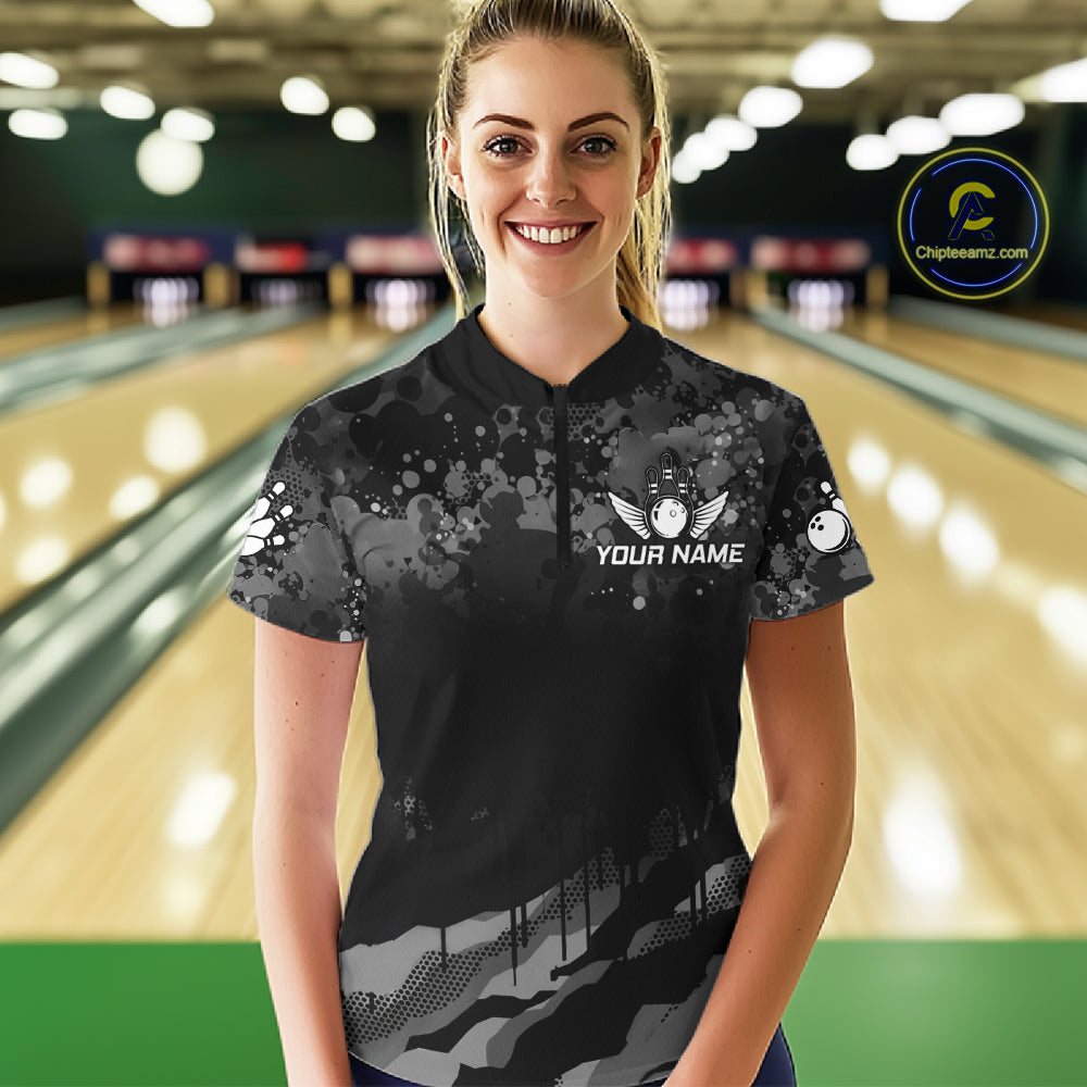 Custom Black And Grey Camo Bowling Shirt For Women, Grunge Bowling Team Jersey Polo & 1/4 Zip TDM6543