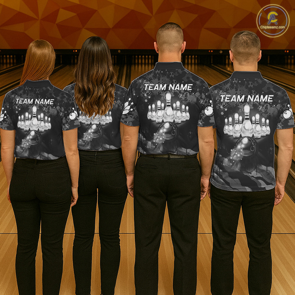 Custom Black And Grey Camo Bowling Shirt For Men, Grunge Bowling Team Jersey Polo & 1/4 Zip TDM6543