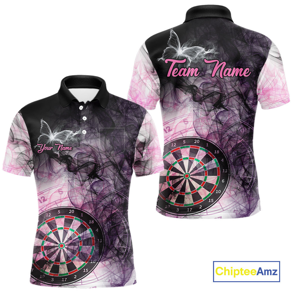 Pink butterfly smoke darts polo shirt with left chest pocket for men featuring custom darts team graphics.