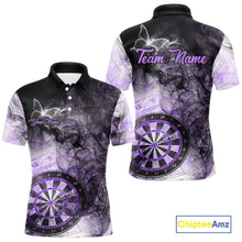 Load image into Gallery viewer, Purple butterfly smoke darts polo shirt with left chest pocket for men featuring custom darts team graphics.