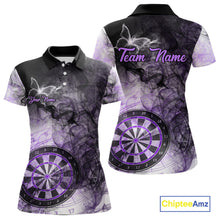 Load image into Gallery viewer, Purple butterfly smoke darts polo shirt with left chest pocket for women featuring custom darts team graphics.