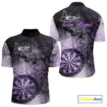 Load image into Gallery viewer, Purple butterfly smoke darts quarter zip shirt with left chest pocket for men featuring custom darts team graphics.