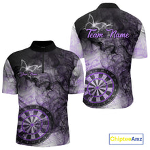 Load image into Gallery viewer, Purple butterfly smoke darts quarter zip shirt for men designed for league tournaments and team events.
