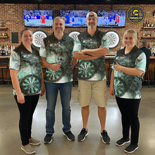 Load image into Gallery viewer, Darts team wearing matching turquoise butterfly smoke darts jerseys during league competition front view.
