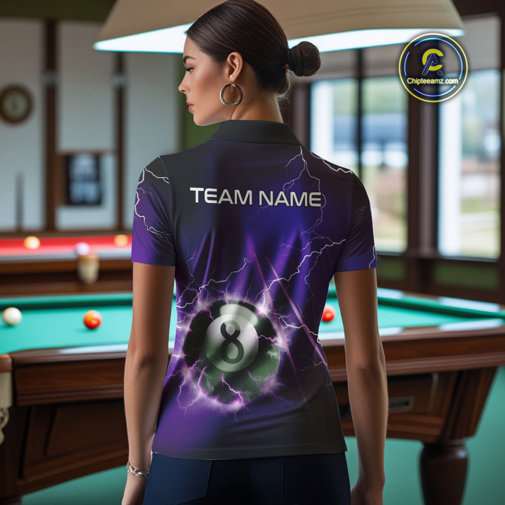 Personalized Purple 3D Thunder Lightning 8 Ball Pool Billiard Shirt For Women, Billiard Team Jersey TDM4610