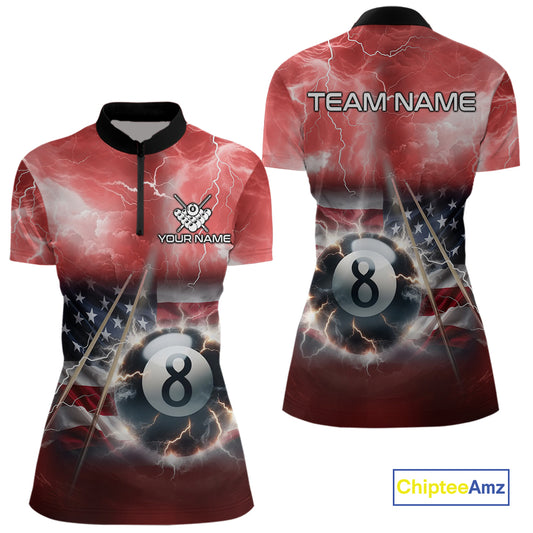 Red American Flag Thunder Lightning 8 Ball Pool Billiard Shirt For Women Custom Billiard Team Jersey TDM4612