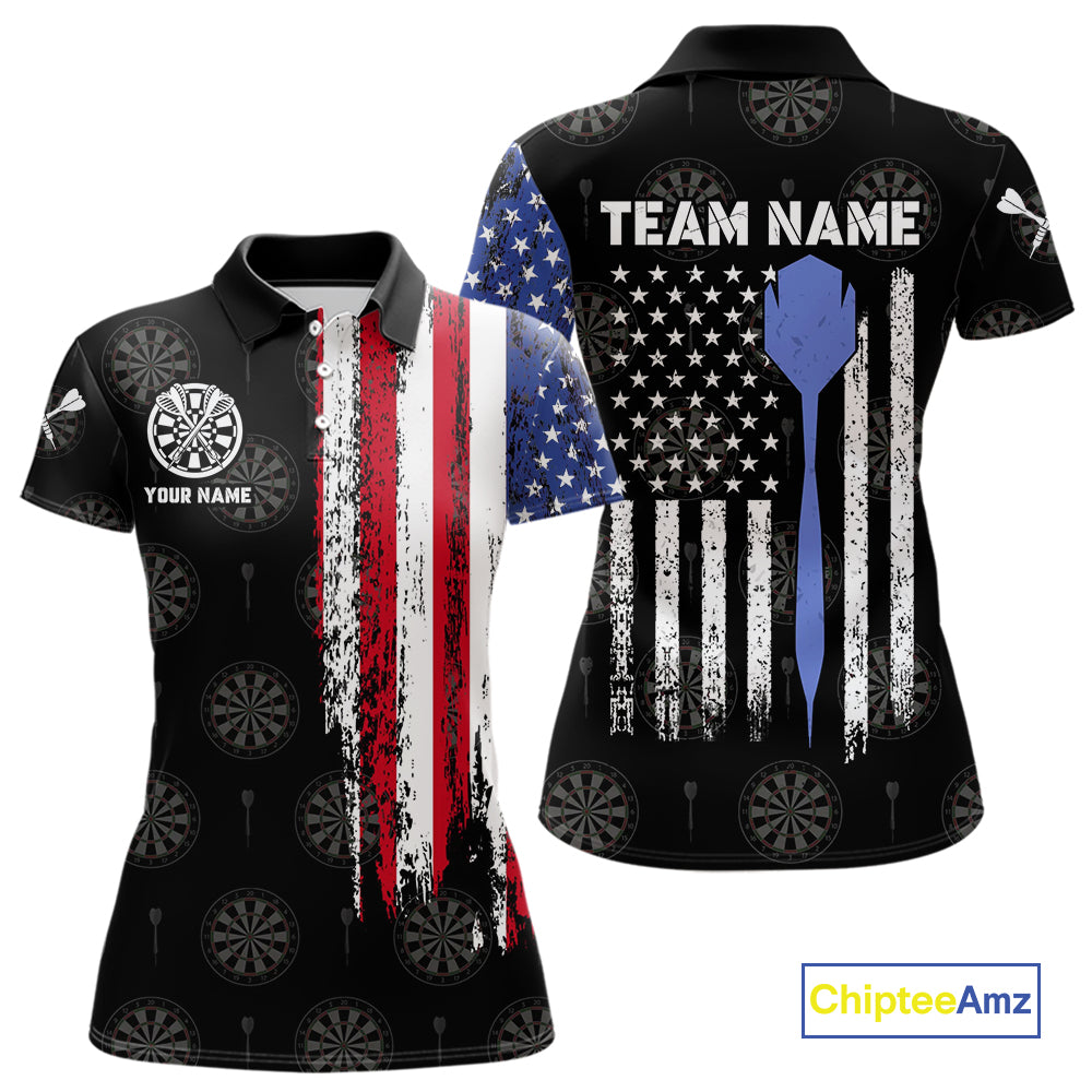 Personalized Grunge American Flag Dart Polo & Quarter Zip For Women Custom Patriotic Darts Jerseys TDM4618