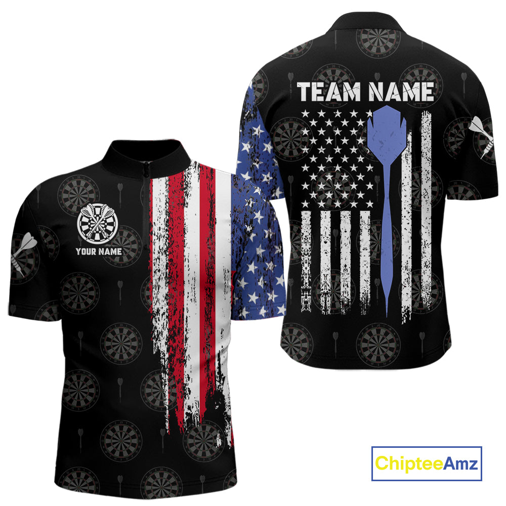 Personalized Grunge American Flag Dart Polo & Quarter Zip For Men Custom Patriotic Darts Jerseys TDM4618