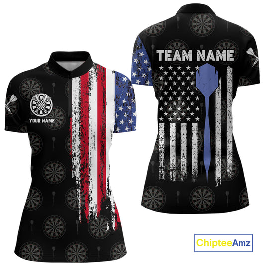 Personalized Grunge American Flag Dart Polo & Quarter Zip For Women Custom Patriotic Darts Jerseys TDM4618