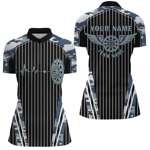 Blue Camo Dartboard Pulse Heartbeat Custom Women Dart Shirts, Funny Wings Cool Dart Team Jerseys TDM2788