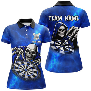 Death Skeleton Custom Blue Dart Shirts For Women, Personalized Name 3D Skull Dart Team Jerseys TDM3018