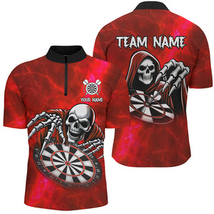 Death Skeleton Custom Red Dart Shirts For Men, Personalized Name 3D Skull Dart Team Jerseys TDM3019