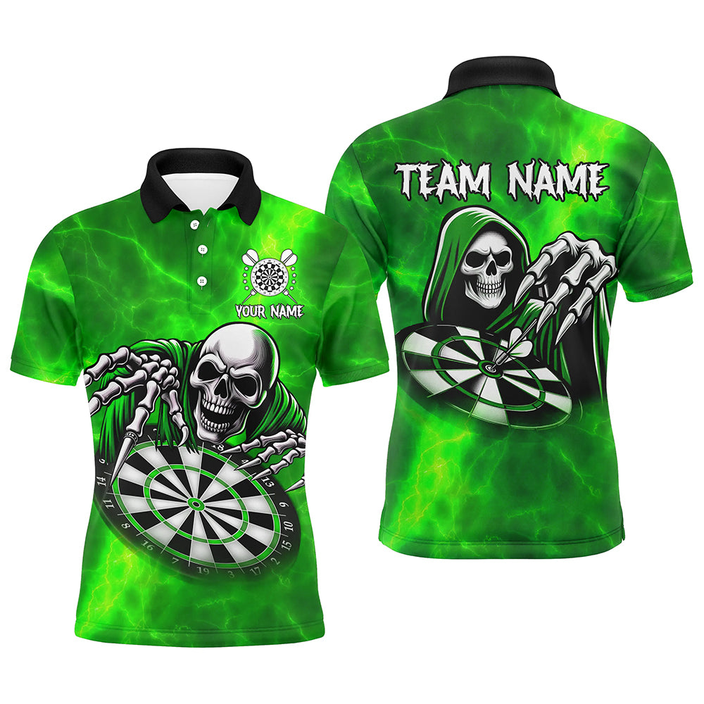 Death Skeleton Custom Green Dart Shirts For Men, Personalized Name 3D Skull Dart Team Jerseys TDM3020