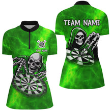 Load image into Gallery viewer, Death Skeleton Custom Green Dart Shirts For Women, Personalized Name 3D Skull Dart Team Jerseys TDM3020