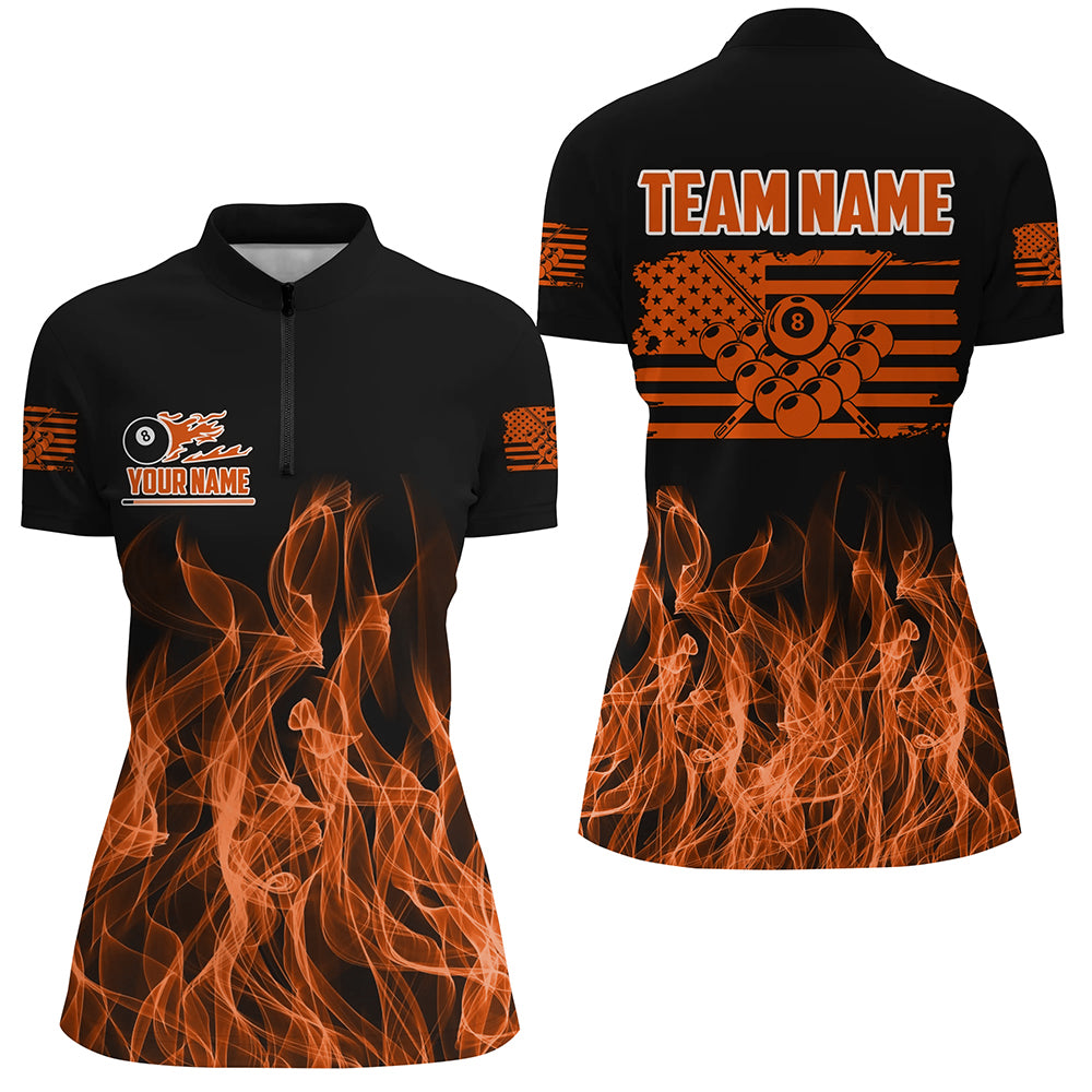 3D Orange Flaming American Flag Women Billiard Shirt Custom Patriotic Pool Player Billiard Jersey TDM3453