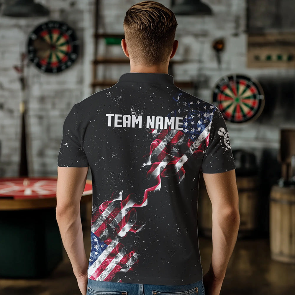 Custom US Flag Smoke Men's Darts Shirt With Pocket, Patriotic Darts Jersey TDM3455