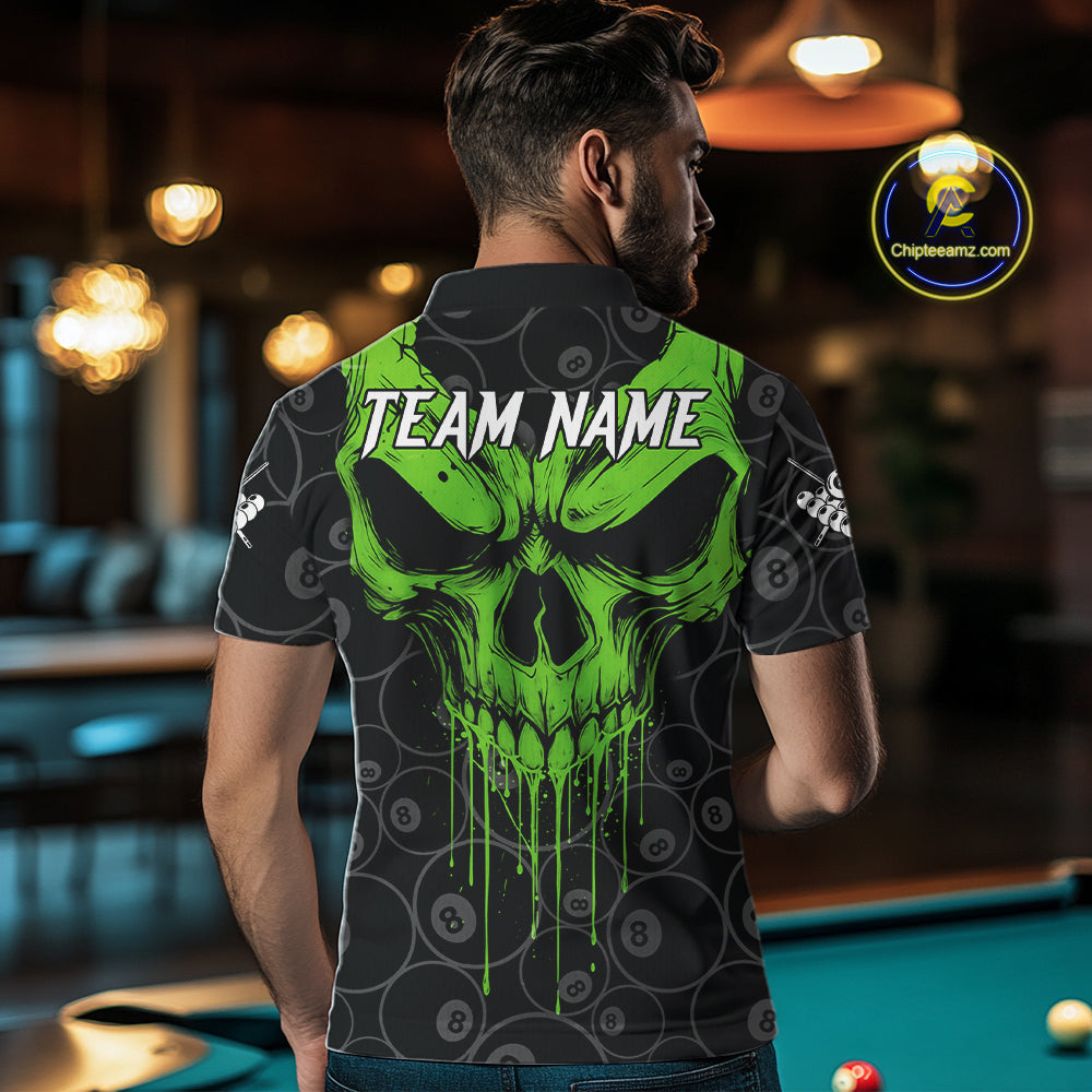 Personalized Skull 8 Ball Billiard Shirt For Men Custom Pool Team Jersey Polo & 1/4 Zip |Green TDM6361