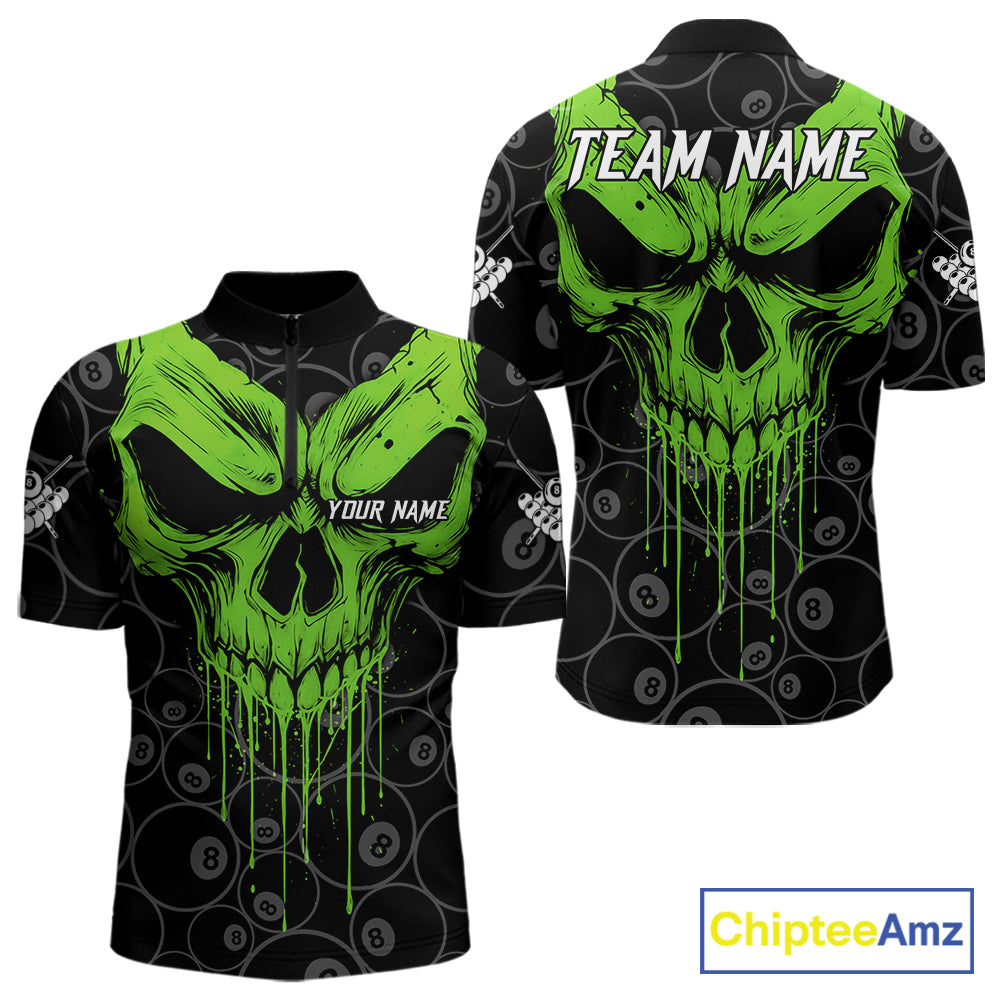 Personalized Skull 8 Ball Billiard Shirt For Men Custom Pool Team Jersey Polo & 1/4 Zip |Green TDM6361
