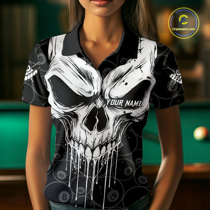 Personalized Skull 8 Ball Billiard Shirt For Women Custom Pool Team Jersey Polo & 1/4 Zip |White TDM6362