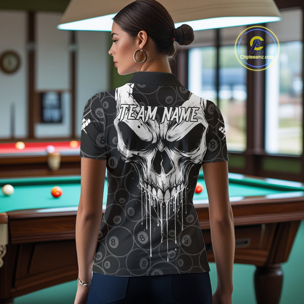 Personalized Skull 8 Ball Billiard Shirt For Women Custom Pool Team Jersey Polo & 1/4 Zip |White TDM6362