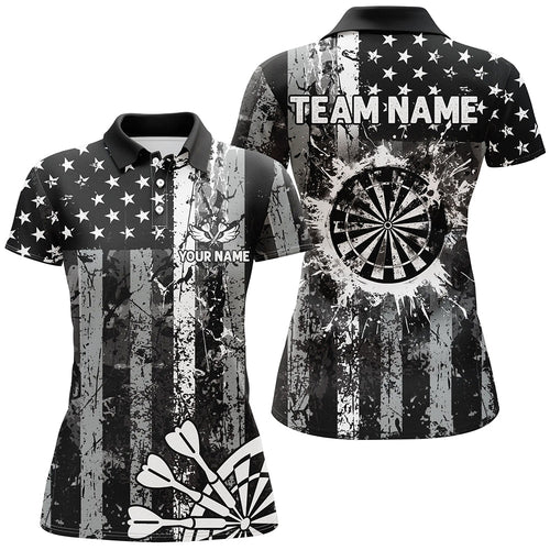 Custom Black Grunge US Flag Patriotic Darts Shirt For Women, Retro Darts Board Darts Team Jerseys TDM2273