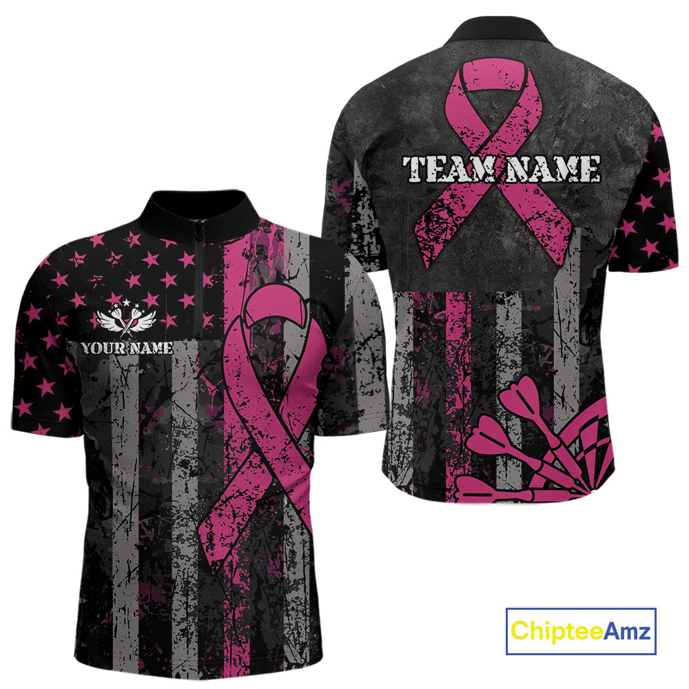 Custom Pink Ribbon Grunge American Flag Patriotic Darts Shirt For Men, Breast Cancer Darts Jersey TDM4623