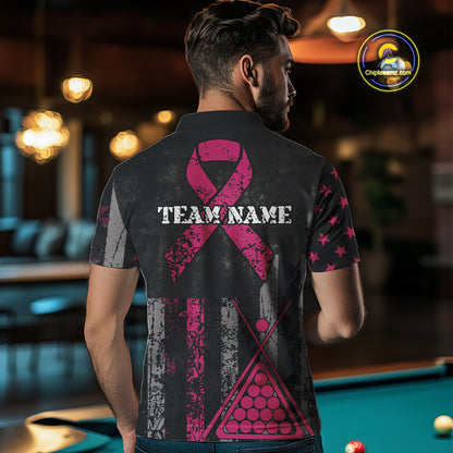 Custom Pink Ribbon Grunge US Flag Billiard Shirt For Men, Patriotic Breast Cancer Pool Team Jersey TDM4624
