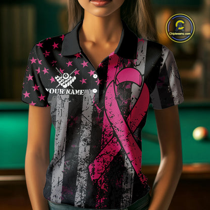 Custom Pink Ribbon Grunge US Flag Billiard Shirt For Women, Patriotic Breast Cancer Pool Team Jersey TDM4624