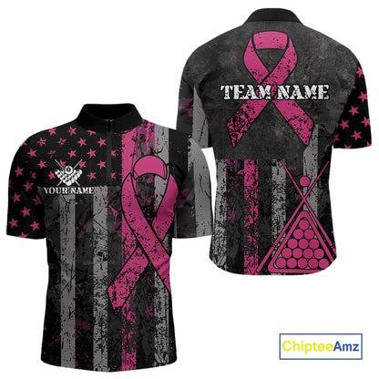 Custom Pink Ribbon Grunge US Flag Billiard Shirt For Men, Patriotic Breast Cancer Pool Team Jersey TDM4624