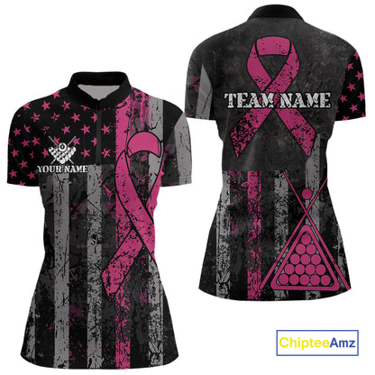 Custom Pink Ribbon Grunge US Flag Billiard Shirt For Women, Patriotic Breast Cancer Pool Team Jersey TDM4624