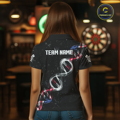 Custom American Flag Smoke DNA Darts Jersey Polo & 1/4 Zip For Women, Patriotic Darts Team Jersey TDM4626